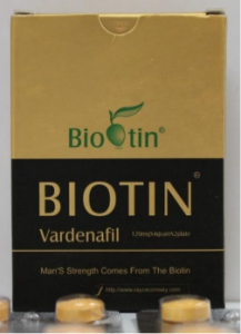 Muestra del Producto BIOTIN VARDENAFIL TABLETAS. Registro fotográfico realizado por el Evaluador