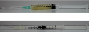 Muestra del Medicamento Ácido Hialurónico (No Reticulado) Viscogel 6%, Lote: desconocido. Registro fotográfico realizado por el Evaluador.