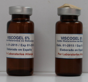 Muestra del Medicamento Ácido Hialurónico (No Reticulado) Viscogel 6%, Lote: desconocido. Registro fotográfico realizado por el Evaluador.