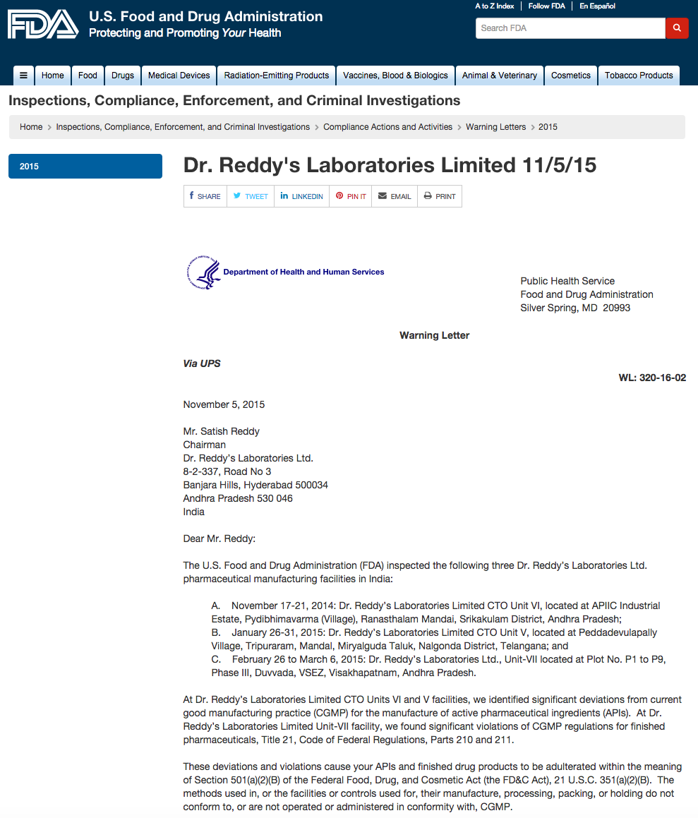 Carta de FDA a Dr. Reddy´s