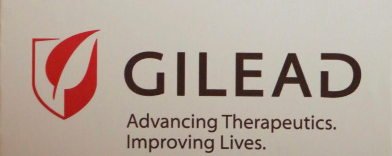 The logo of Gilead Sciences Inc is pictured during a news conference in New Delhi