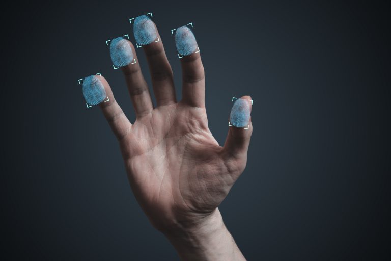 Scanning fingerprints from hand. Security and biometric concept.