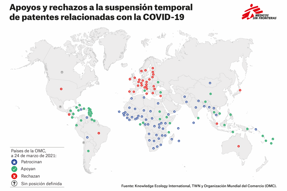 Mapa de apoyo y rechazo a la supresión de patentes en la OMC.