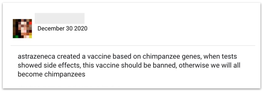 "AstraZeneca creó su vacuna basada en genes de chimpancé...", comienza el comentario de una de las cuentas falsas.