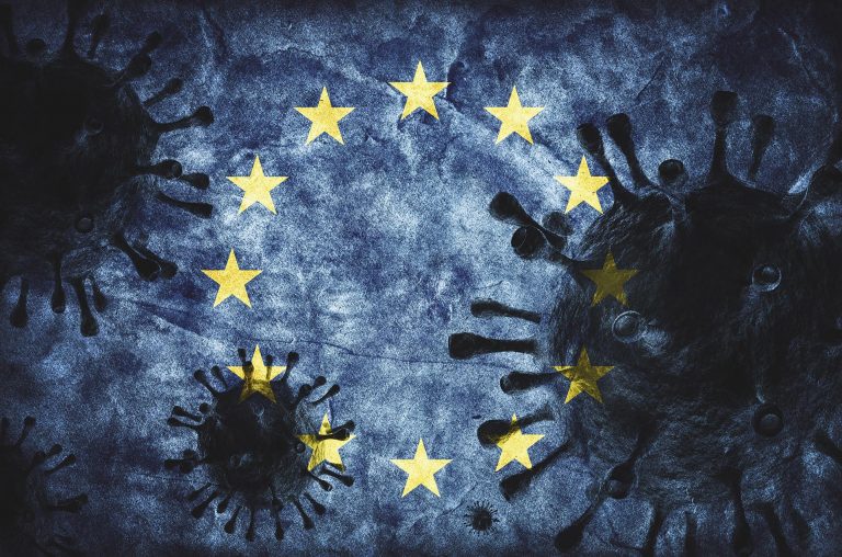 Coronavirus against European Union grunge flag. Virus causing epidemic