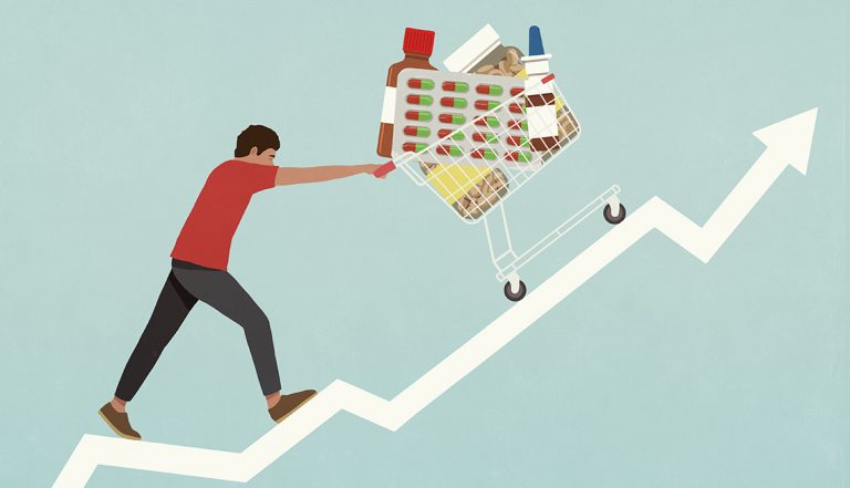 Man pushing prescription medication in shopping cart up ascending arrow