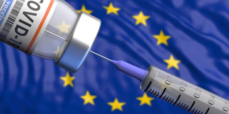 EU Coronavirus vaccine. Covid-19 vaccination, European Union flag background. 3d illustration