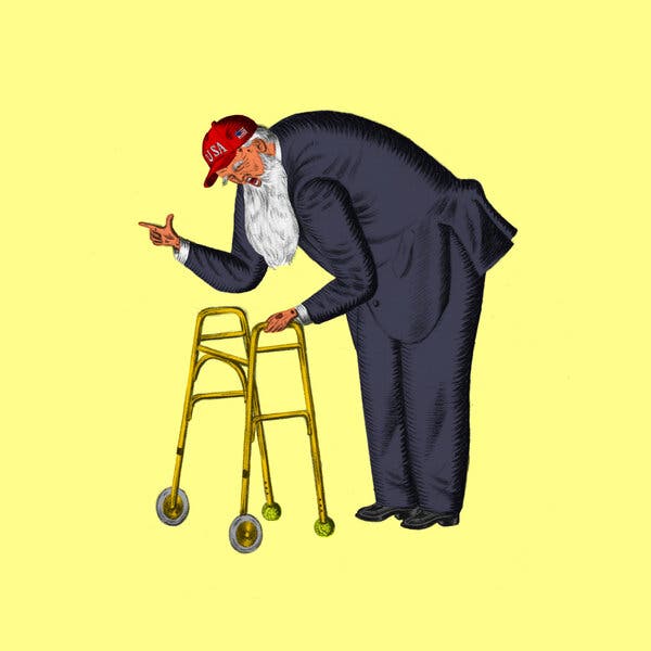 Una ilustración de un anciano barbudo con traje oscuro, encorvado sobre un andador. Lleva una gorra de béisbol roja con la inscripción “USA”; su piel es anaranjada. Grita con enojo y gesticula señalando con el dedo.