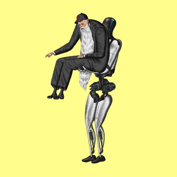 Ilustración de un robot humanoide que transporta a un anciano vestido con un traje oscuro. Tiene una barba blanca hasta las rodillas y una gorra negra con la insignia de Tesla en la cabeza.